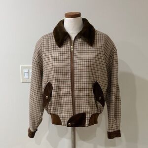 Vintage-Inspired Brown Plaid wool Bomber Jacket Faux Fur Collar corduroy patch S